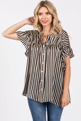 Black Striped Ruffle Sleeve Button Down Blouse