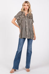 Black Striped Ruffle Sleeve Button Down Blouse