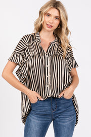 Black Striped Ruffle Sleeve Button Down Blouse