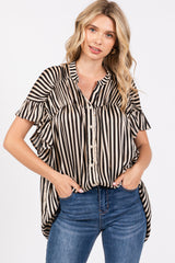 Black Striped Ruffle Sleeve Button Down Maternity Blouse