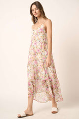 Ivory Flower Print V Neck Ruffle Tier Detail Maxi Dress