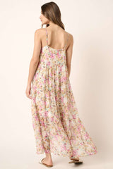 Ivory Flower Print V Neck Ruffle Tier Detail Maxi Dress