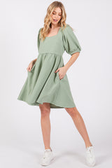 Mint Green Jacquard Puff Sleeve Dress