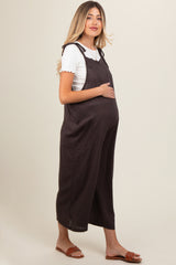 Brown Linen Shoulder Tie Maternity Jumpsuit