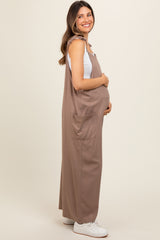 Mocha Linen Shoulder Tie Maternity Jumpsuit