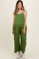 Green Linen Shoulder Tie Maternity Jumpsuit