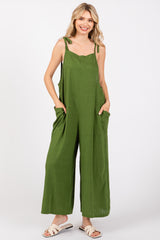 Green Linen Shoulder Tie Jumpsuit