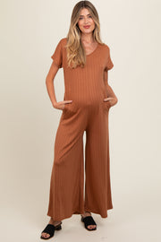 Camel Ribbed Wide Leg Maternity Jumpsuit