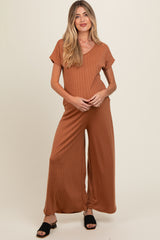 Camel Ribbed Wide Leg Maternity Jumpsuit