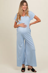 Light Blue Ribbed Wide Leg Maternity Jumpsuit