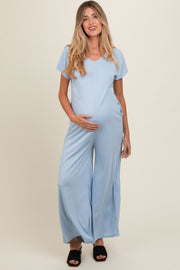 Light Blue Ribbed Wide Leg Maternity Jumpsuit