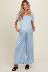 Light Blue Ribbed Wide Leg Maternity Jumpsuit