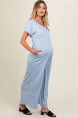 Light Blue Ribbed Wide Leg Maternity Jumpsuit