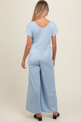 Light Blue Ribbed Wide Leg Maternity Jumpsuit