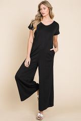 Black Ribbed Wide Leg Jumpsuit