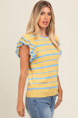 Yellow Striped Ruffle Sleeve Sweater Top