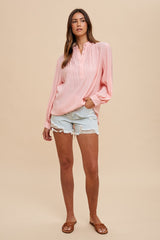 Peach Button Front Long Puff Sleeve Top