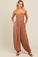 Mocha Damask Smocked Balloon Leg Jumpsuit