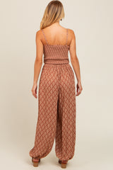 Mocha Damask Smocked Balloon Leg Jumpsuit