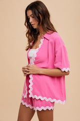 Fuchsia Ric Rac Trim Detailed Shirt and Shorts Set