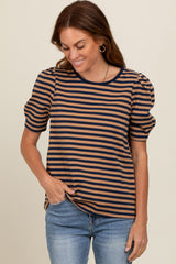 Navy Multi Striped Puff Sleeve Knit Maternity Top