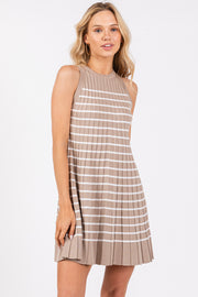 Taupe Striped Sleeveless Pleated Mini Dress