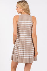 Taupe Striped Sleeveless Pleated Mini Dress