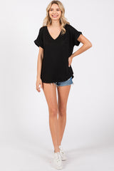 Black V-Neck Pocket Short Sleeve Shirt