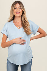 Light Blue V-Neck Pocket Short Sleeve Maternity Shirt