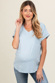 Light Blue V-Neck Pocket Short Sleeve Maternity Shirt