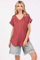 Burgundy V-Neck Pocket Short Sleeve Shirt