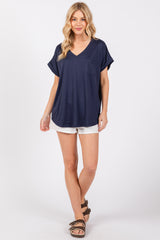 Navy V-Neck Pocket Short Sleeve Shirt