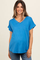 Royal Blue V-Neck Pocket Short Sleeve Maternity Shirt