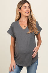 Charcoal V-Neck Pocket Short Sleeve Maternity Shirt