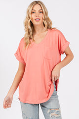 Coral V-Neck Pocket Short Sleeve Shirt