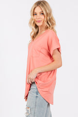 Coral V-Neck Pocket Short Sleeve Shirt