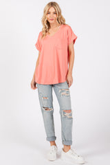 Coral V-Neck Pocket Short Sleeve Shirt