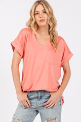 Coral V-Neck Pocket Short Sleeve Shirt