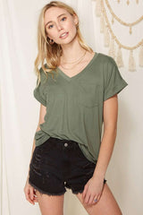 Olive V-Neck Pocket Short Sleeve Shirt