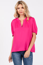 Fuchsia V-Neck Puff Sleeve Blouse