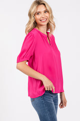 Fuchsia V-Neck Puff Sleeve Blouse