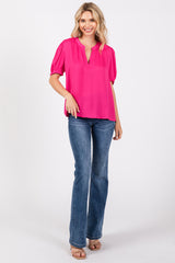 Fuchsia V-Neck Puff Sleeve Blouse