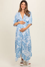 Blue Printed V-Neck Draped Maternity Maxi Dress