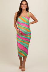 Turquoise Multi Color Mesh Maternity Midi Dress