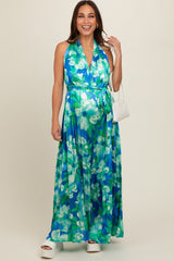 Blue Floral Pleated Halter Maternity Jumpsuit