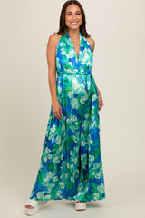 Blue Floral Pleated Halter Maternity Jumpsuit