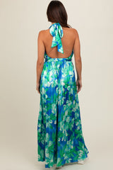 Blue Floral Pleated Halter Maternity Jumpsuit