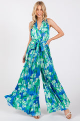 Blue Floral Pleated Halter Maternity Jumpsuit