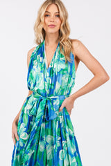 Blue Floral Pleated Halter Jumpsuit