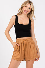 Camel Drawstring Waist Tie Maternity Shorts